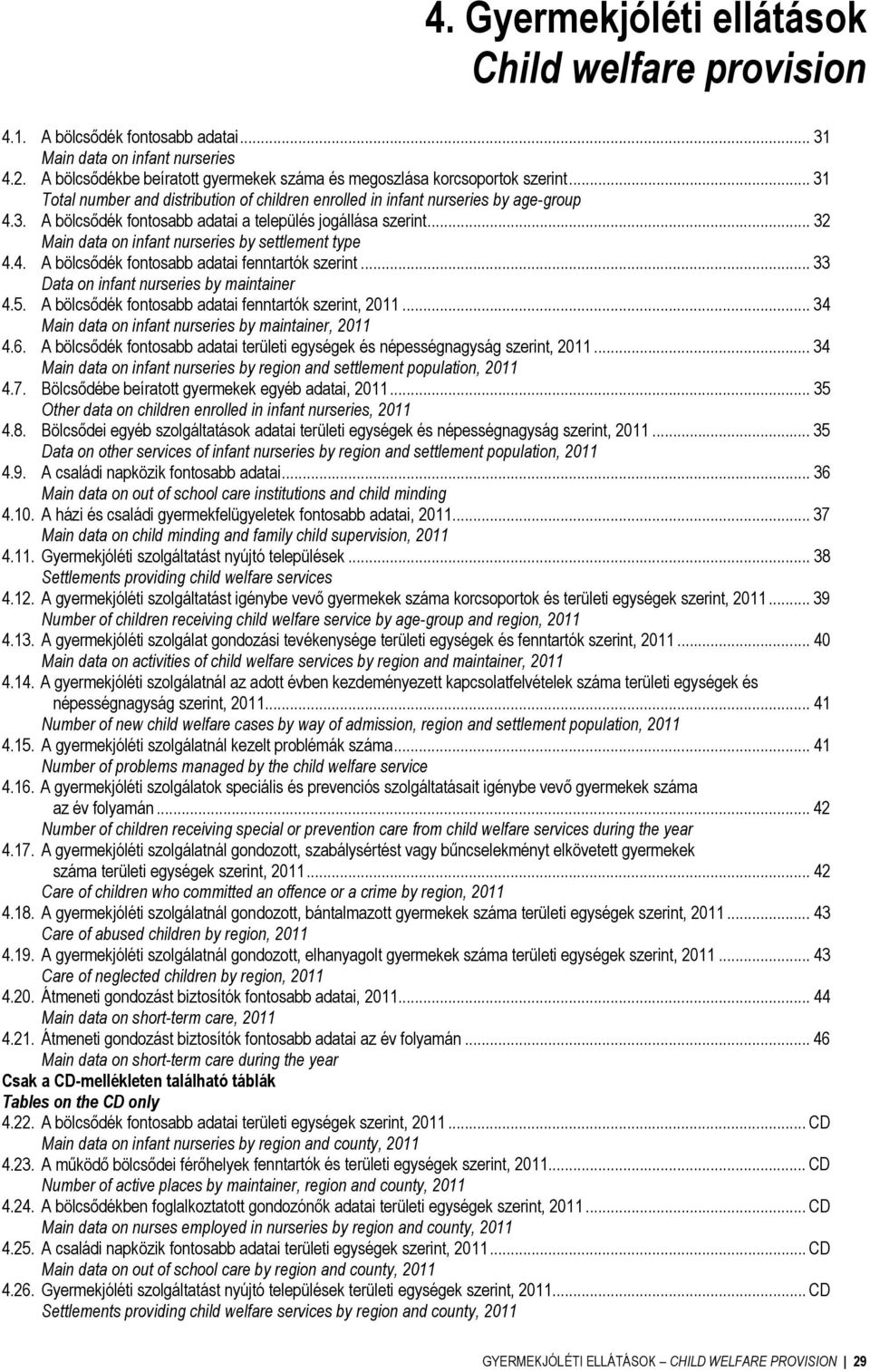 .. 32 Main data on infant nurseries by settlement type 4.4. A bölcsődék fontosabb adatai fenntartók szerint... 33 Data on infant nurseries by maintainer 4.5.