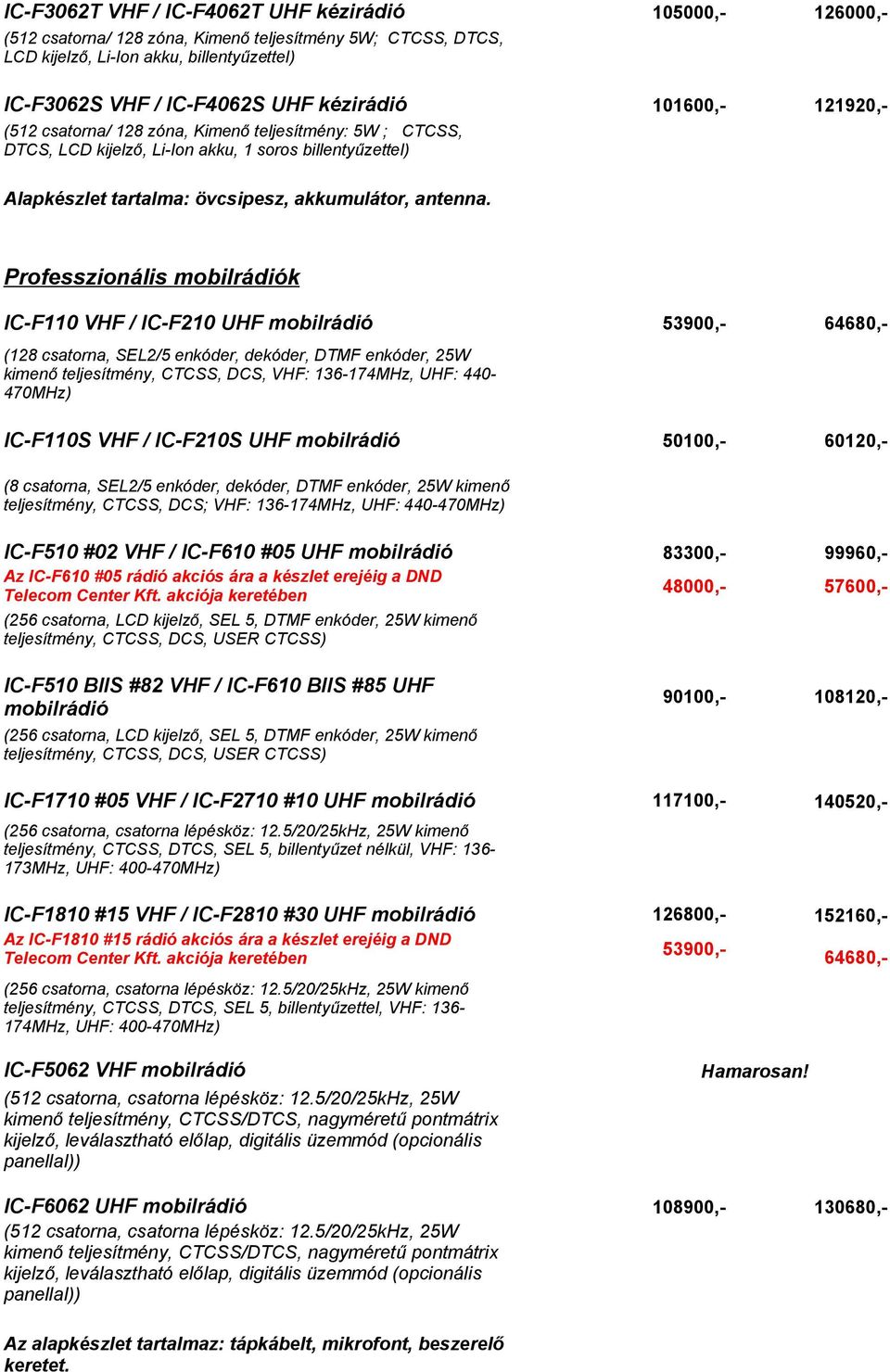 Professzionális mobilrádiók IC-F110 VHF / IC-F210 UHF mobilrádió 53900,- 64680,- (128 csatorna, SEL2/5 enkóder, dekóder, DTMF enkóder, 25W kimenő teljesítmény, CTCSS, DCS, VHF: 136-174MHz, UHF: