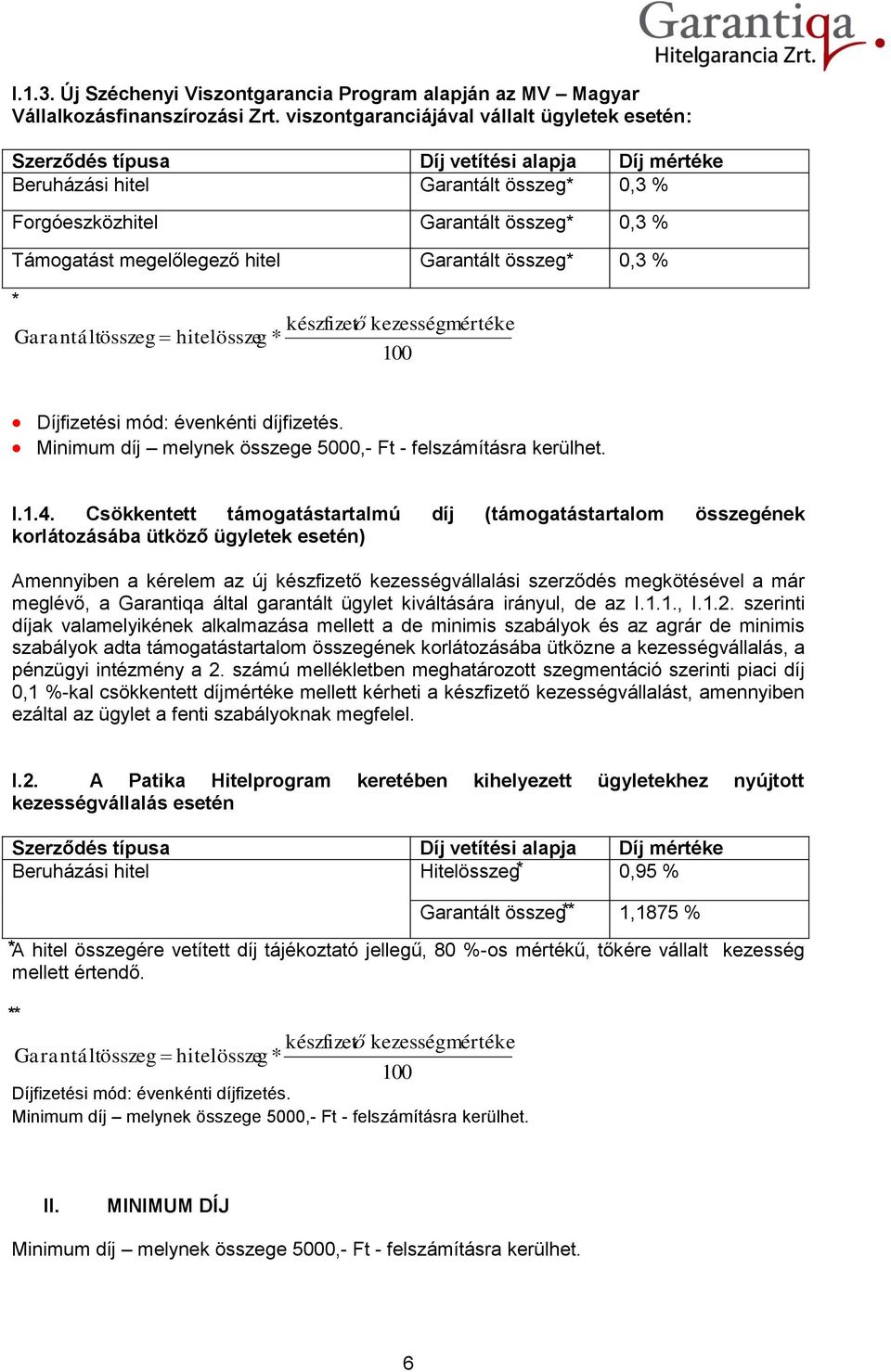 hitel Garantált összeg 0,3 % Garantáltösszeg hitelösszeg készfizető kezességmértéke Díjfizetési mód: évenkénti díjfizetés. Minimum díj melynek összege 5000,- Ft - felszámításra kerülhet. I.1.4.