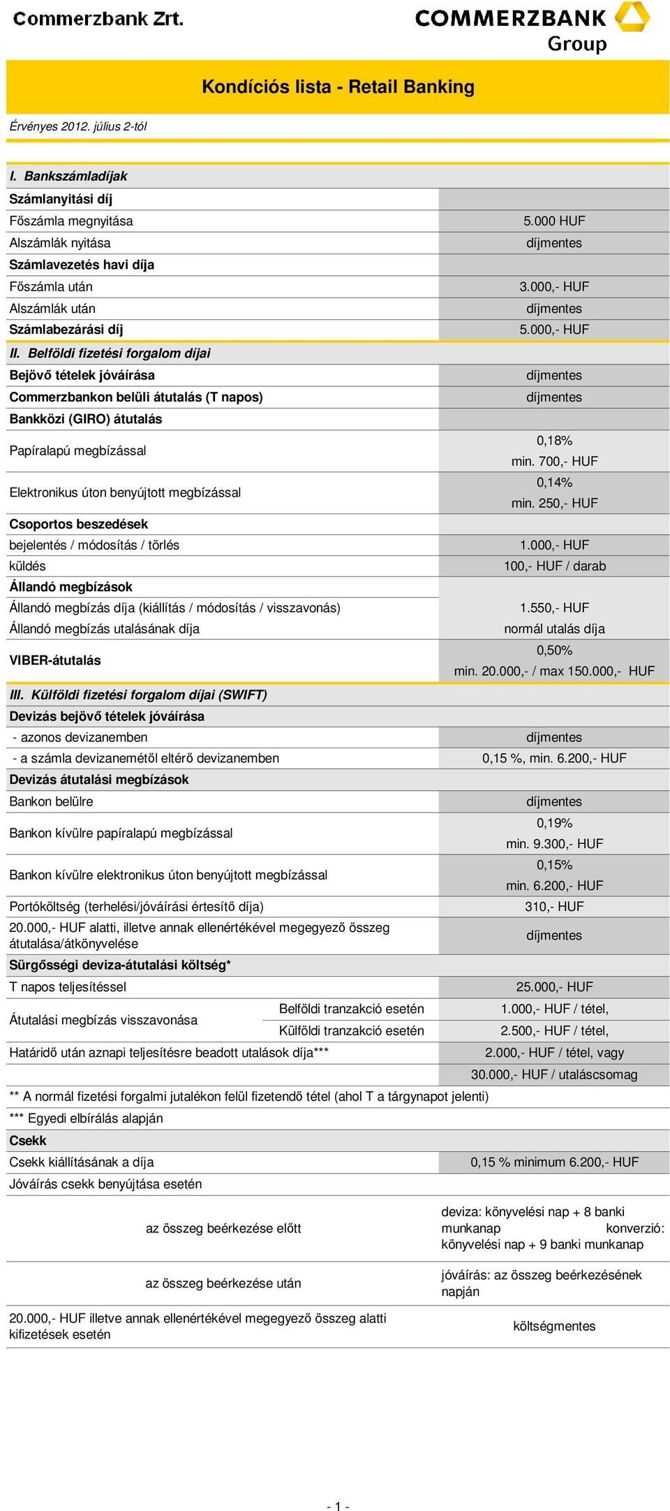 beszedések bejelentés / módosítás / törlés küldés Állandó megbízások Állandó megbízás díja (kiállítás / módosítás / visszavonás) Állandó megbízás utalásának díja VIBER-átutalás III.