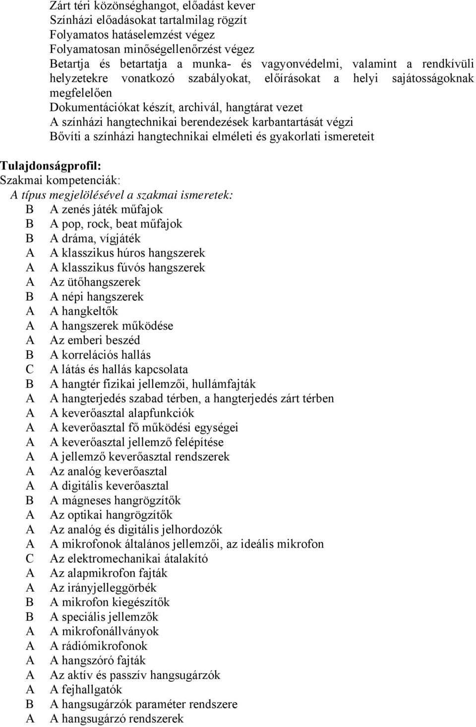 karbantartását végzi ővíti a színházi hangtechnikai elméleti és gyakorlati ismereteit Tulajdonságprofil: Szakmai kompetenciák: típus megjelölésével a szakmai ismeretek: zenés játék műfajok pop, rock,