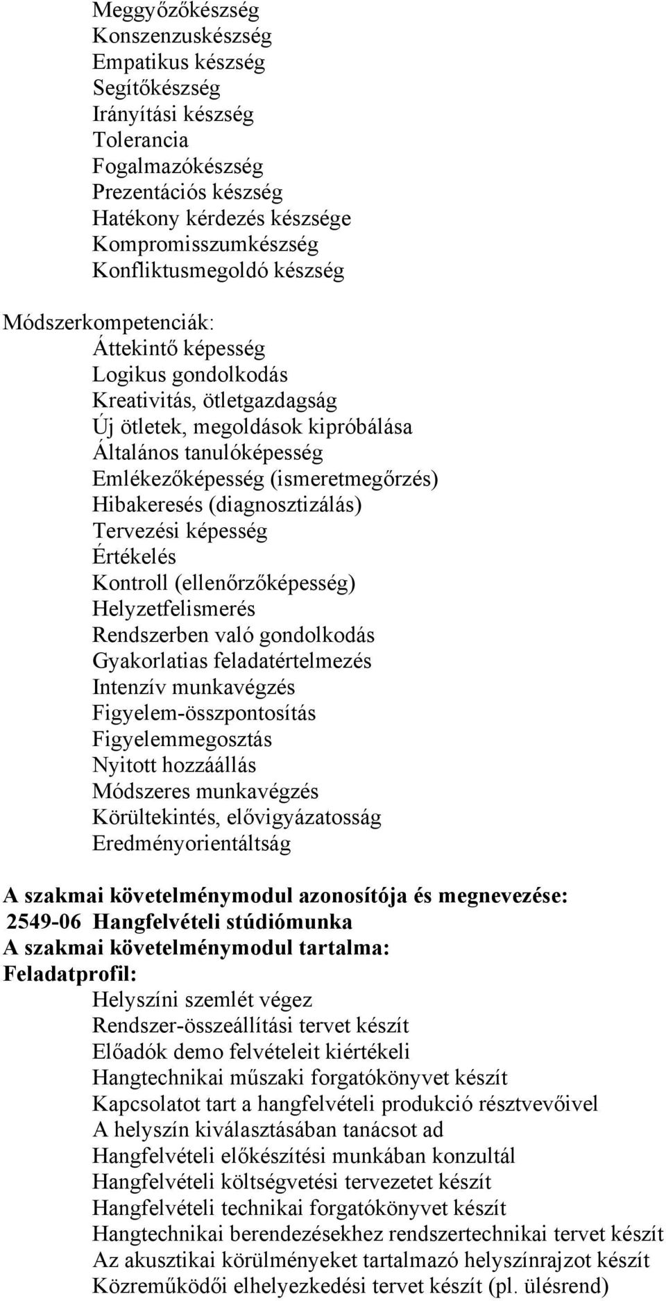 Hibakeresés (diagnosztizálás) Tervezési képesség Értékelés Kontroll (ellenőrzőképesség) Helyzetfelismerés Rendszerben való gondolkodás Gyakorlatias feladatértelmezés Intenzív munkavégzés