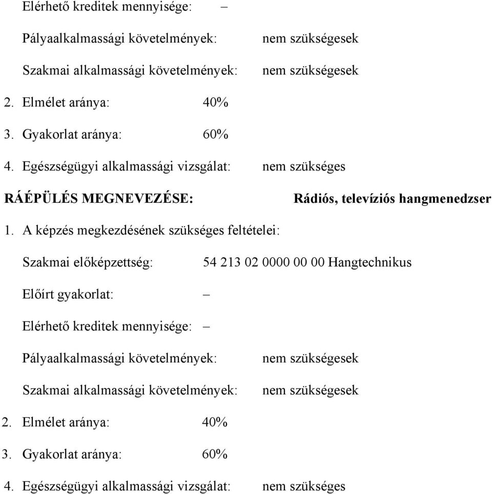 képzés megkezdésének szükséges feltételei: Szakmai előképzettség: 54 213 02 0000 00 00 Hangtechnikus Előírt gyakorlat:  Gyakorlat aránya: 60% 4.