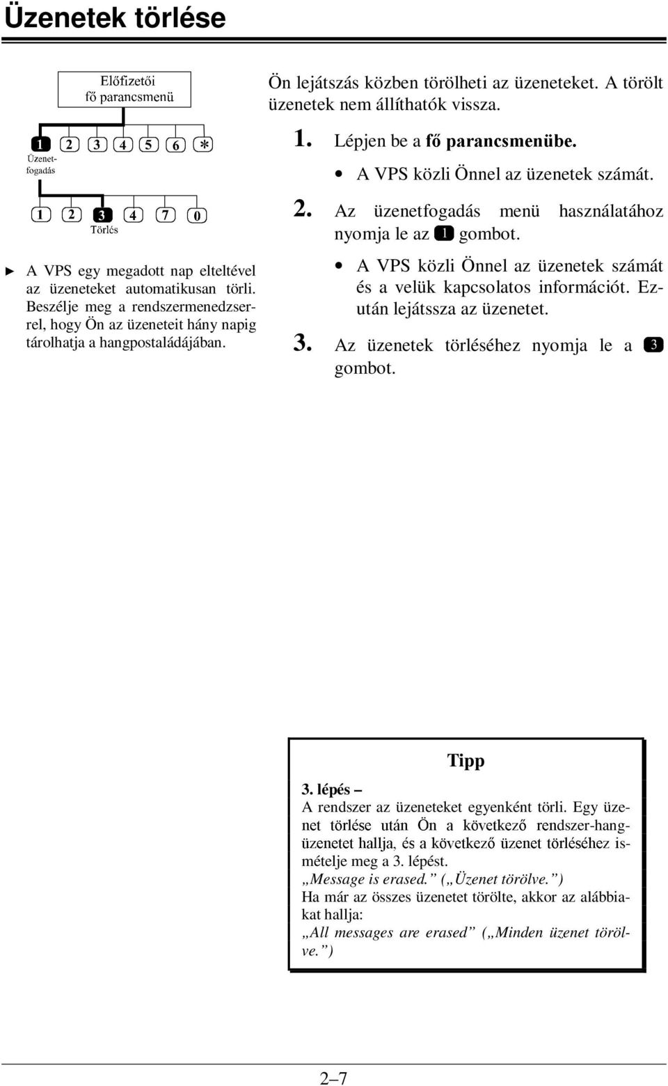 Az üzenetfogadás menü használatához nyomja le az A VPS közli Önnel az üzenetek számát és a velük kapcsolatos információt. Ezután lejátssza az üzenetet. 3. Az üzenetek törléséhez nyomja le a Tipp 3.