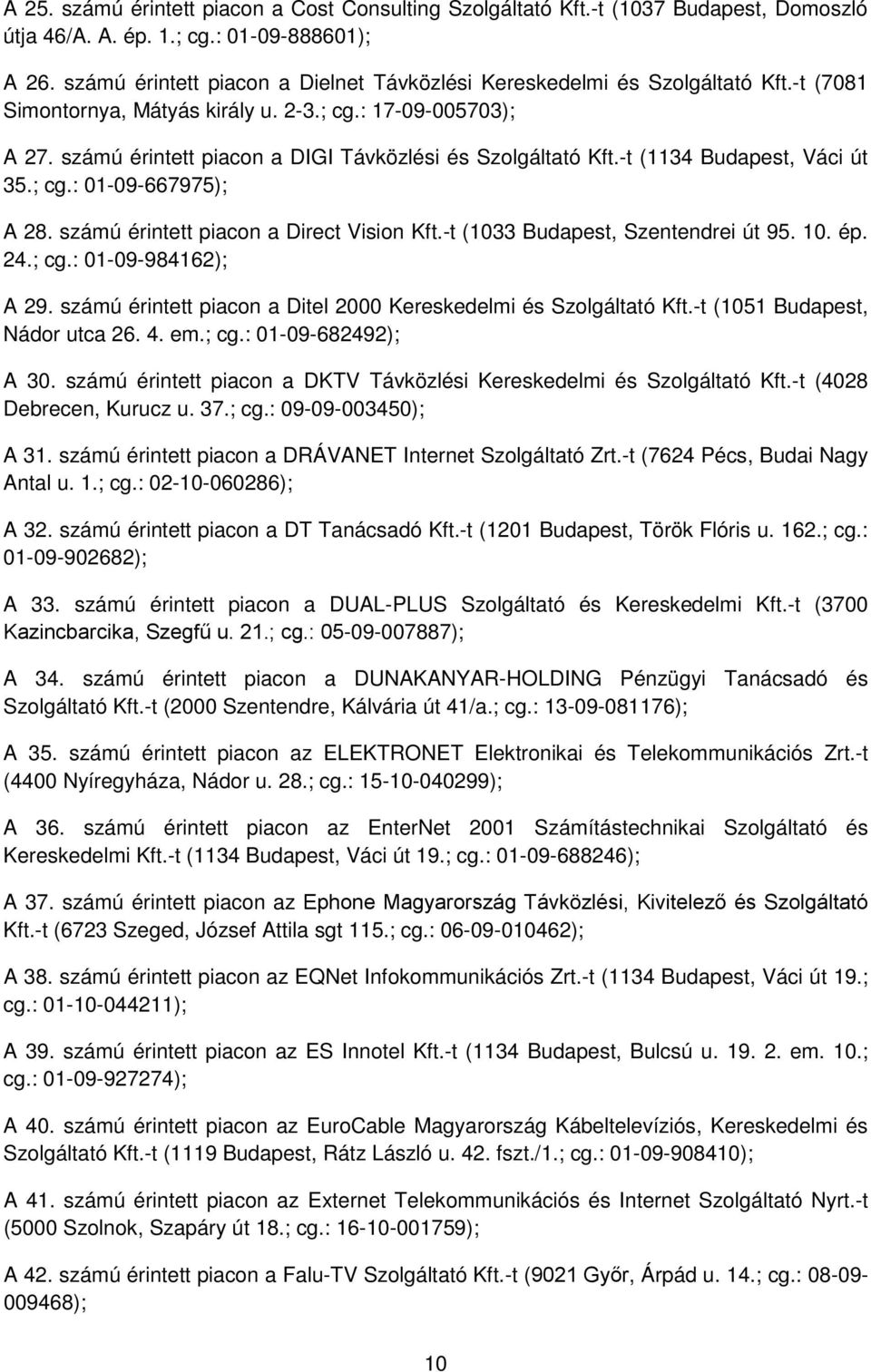 számú érintett piacon a DIGI Távközlési és Szolgáltató Kft.-t (1134 Budapest, Váci út 35.; cg.: 01-09-667975); A 28. számú érintett piacon a Direct Vision Kft.-t (1033 Budapest, Szentendrei út 95. 10.