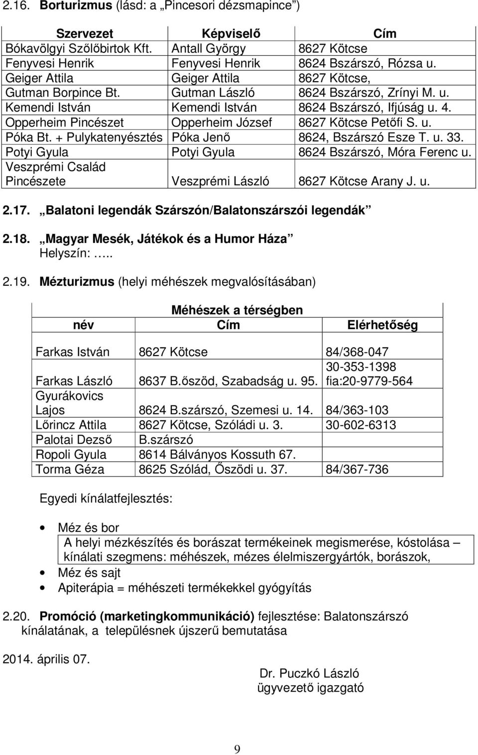 Opperheim Pincészet Opperheim József 8627 Kötcse Petőfi S. u. Póka Bt. + Pulykatenyésztés Póka Jenő 8624, Bszárszó Esze T. u. 33. Potyi Gyula Potyi Gyula 8624 Bszárszó, Móra Ferenc u.