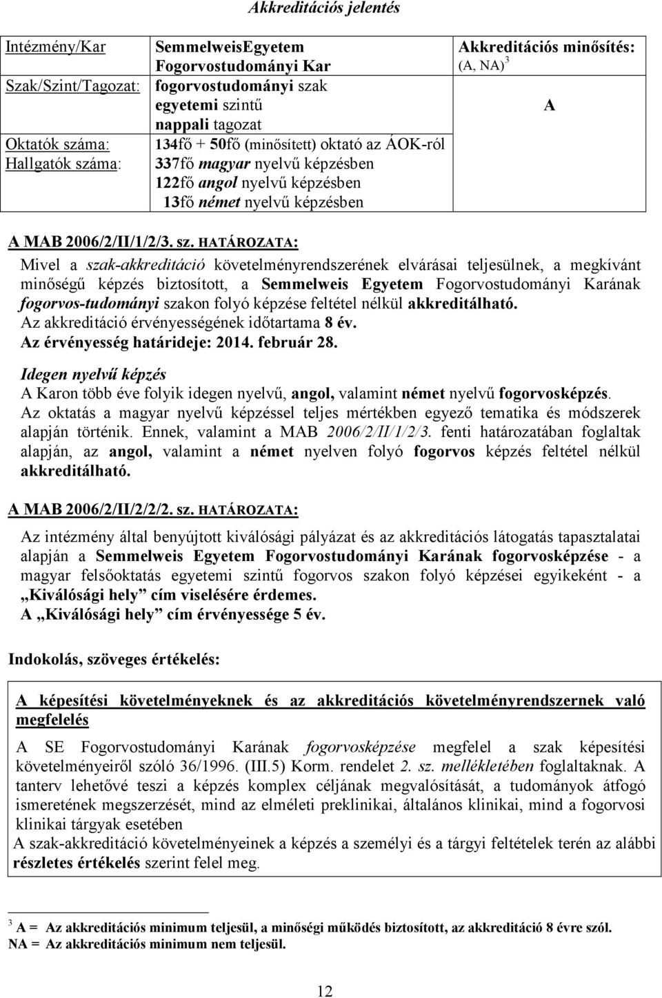 ma: 337fı magyar nyelvő képzésben 122fı angol nyelvő képzésben 13fı német nyelvő képzésben Akkreditációs minısítés: (A, NA) 3 A A MAB 2006/2/II/1/2/3. sz.