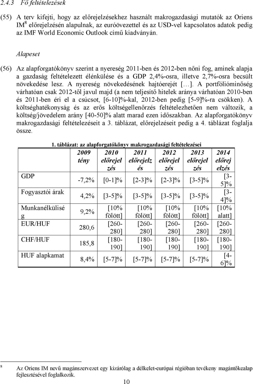 Alapeset (56) Az alapforgatókönyv szerint a nyereség 2011-ben és 2012-ben nőni fog, aminek alapja a gazdaság feltételezett élénkülése és a GDP 2,4%-osra, illetve 2,7%-osra becsült növekedése lesz.