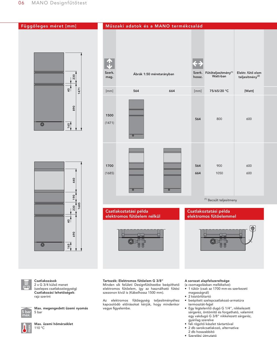 példa elektromos fűtőelemmel 5 bar Csatlakozások 2 x G /4 külső menet (szelepes csatlakozóegység) Csatlakozási lehetőségek: rajz szerint Max. megengedett üzemi nyomás 5 bar Max.