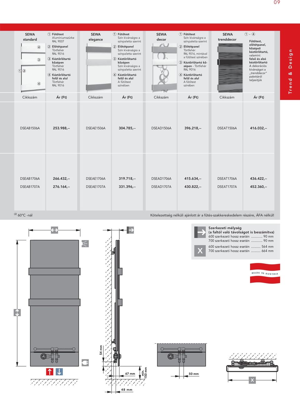 színében SEWA decor 1 2 4 Fűtőtest Szín kívánságra a színpaletta szerint Előtétpanel Törtfehér RAL 9016, mintával a fűtőtest színében Kéztörlőtartó középen - Törtfehér RAL 9016 Kéztörlőtartó felül és