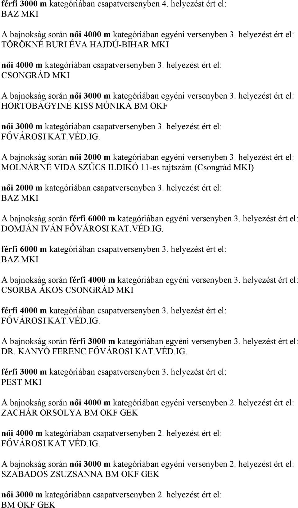 helyezést ért el: HORTOBÁGYINÉ KISS MÓNIKA BM OKF női 3000 m kategóriában csapatversenyben 3. helyezést ért el: A bajnokság során női 2000 m kategóriában egyéni versenyben 3.