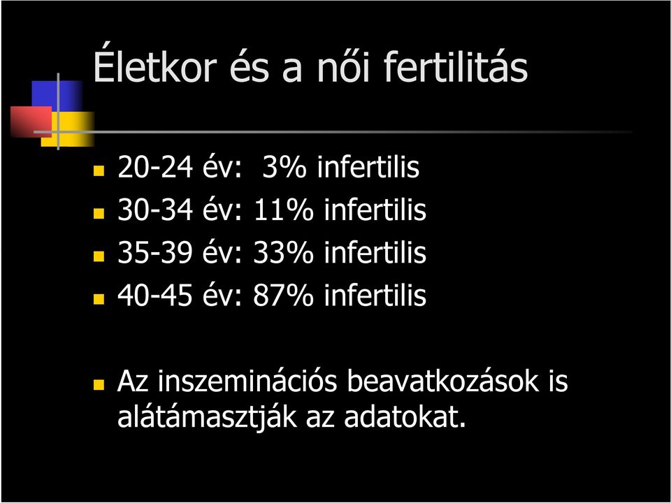 33% infertilis 40-45 év: 87% infertilis Az