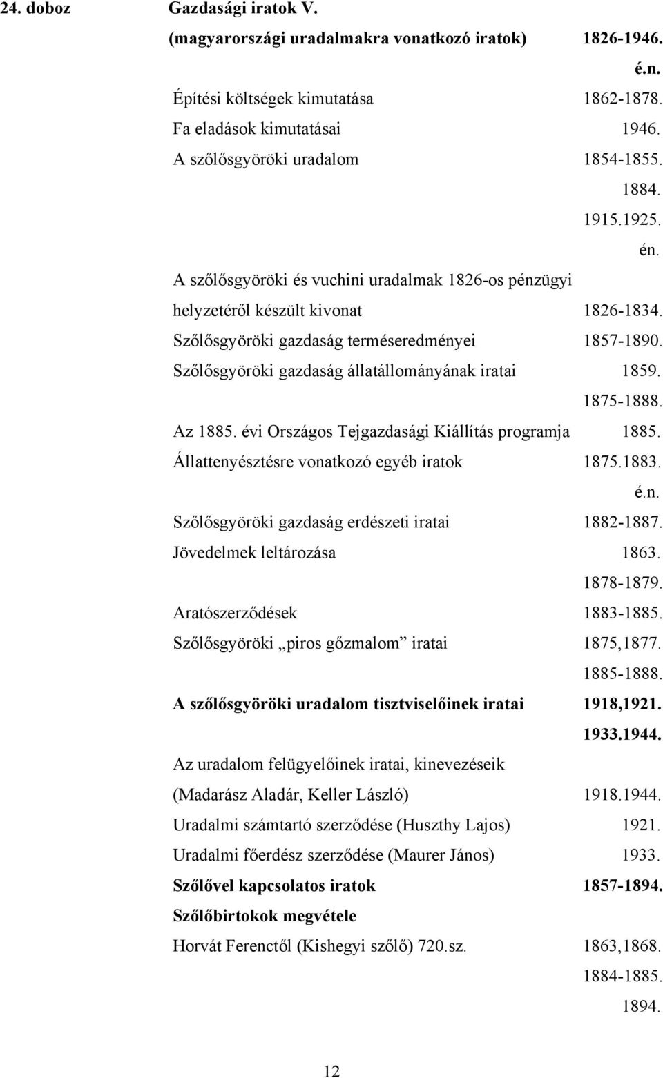 Szőlősgyöröki gazdaság állatállományának iratai 1859. 1875-1888. Az 1885. évi Országos Tejgazdasági Kiállítás programja 1885. Állattenyésztésre vonatkozó egyéb iratok 1875.1883.