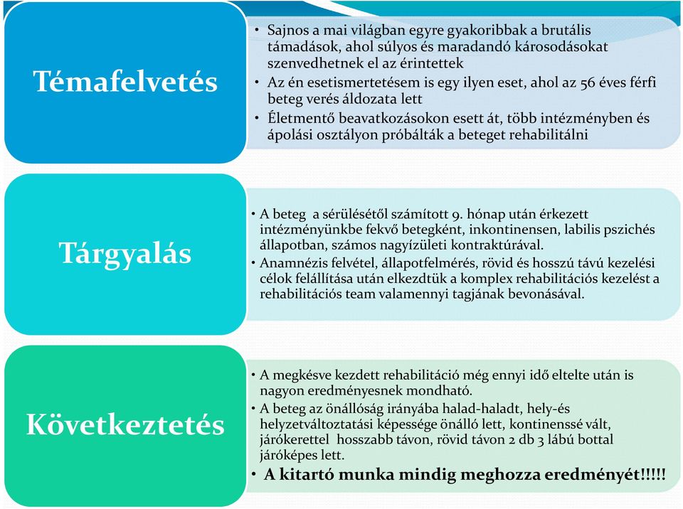 hónap után érkezett intézményünkbe fekvő betegként, inkontinensen, labilis pszichés állapotban, számos nagyízületi kontraktúrával.