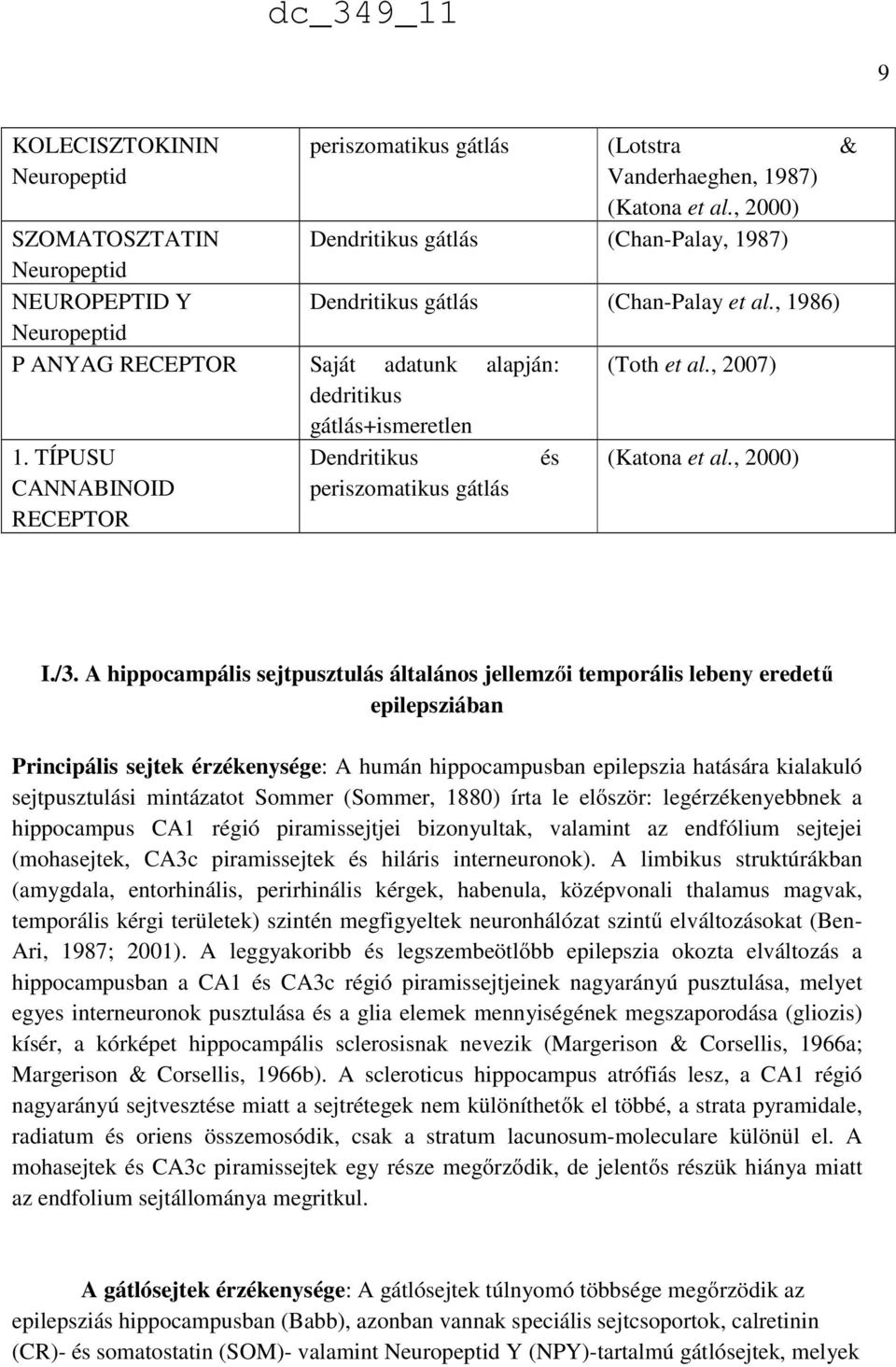 , 1986) Dendritikus periszomatikus gátlás és (Toth et al., 2007) (Katona et al., 2000) I./3.