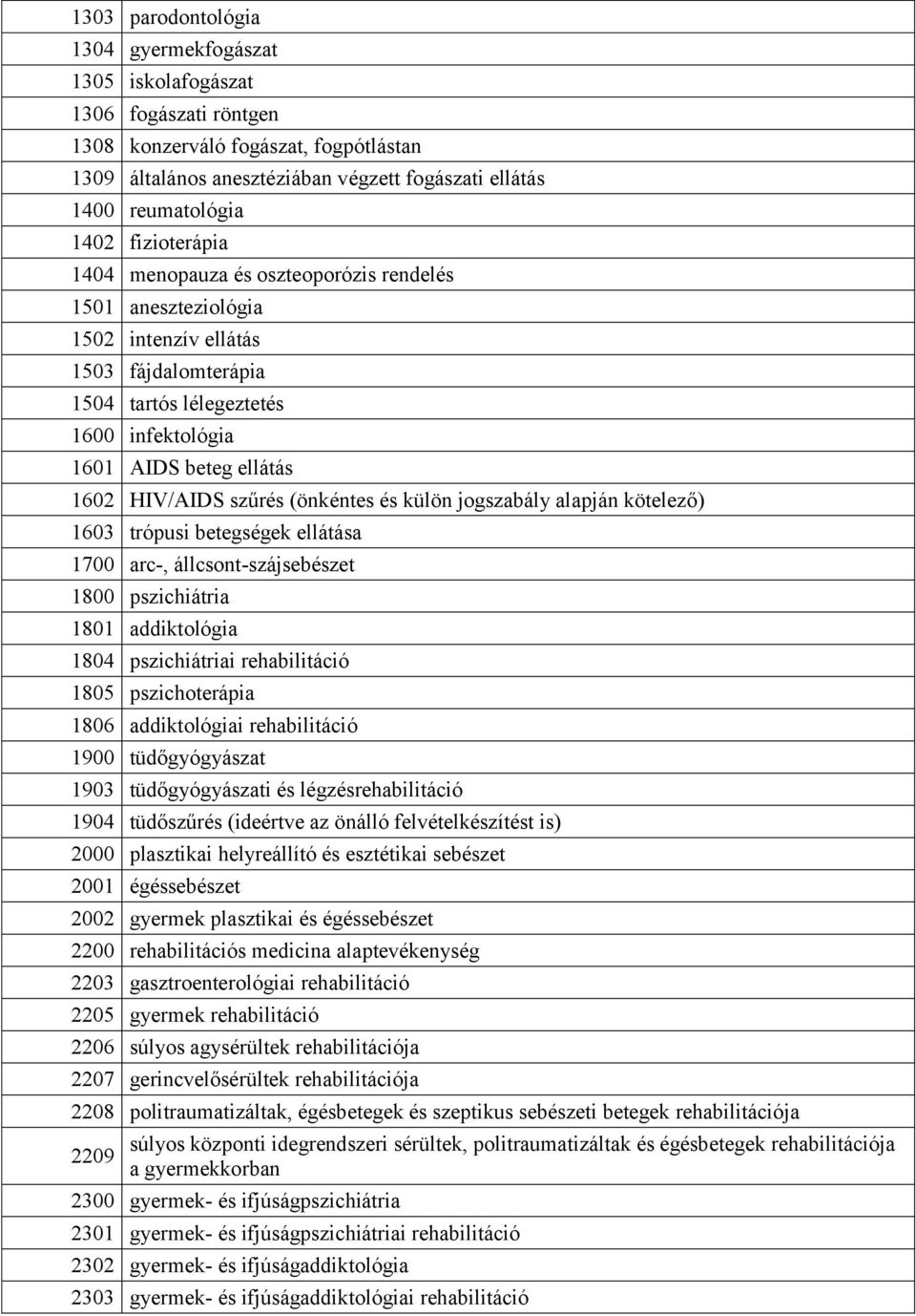 HIV/AIDS szűrés (önkéntes és külön jogszabály alapján kötelező) 1603 trópusi betegségek ellátása 1700 arc-, állcsont-szájsebészet 1800 pszichiátria 1801 addiktológia 1804 pszichiátriai rehabilitáció