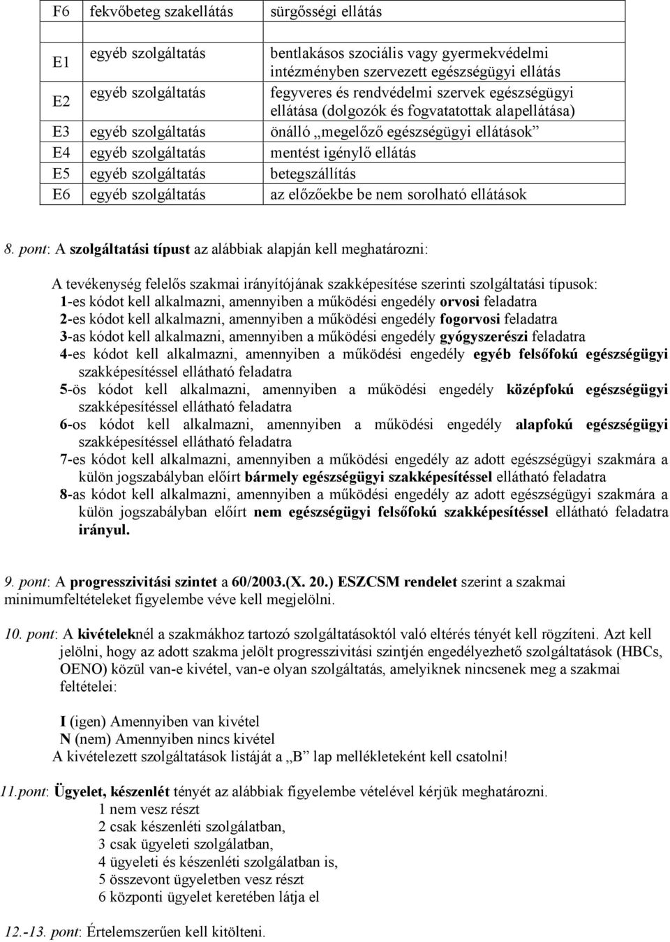 szolgáltatás betegszállítás E6 egyéb szolgáltatás az előzőekbe be nem sorolható ellátások 8.