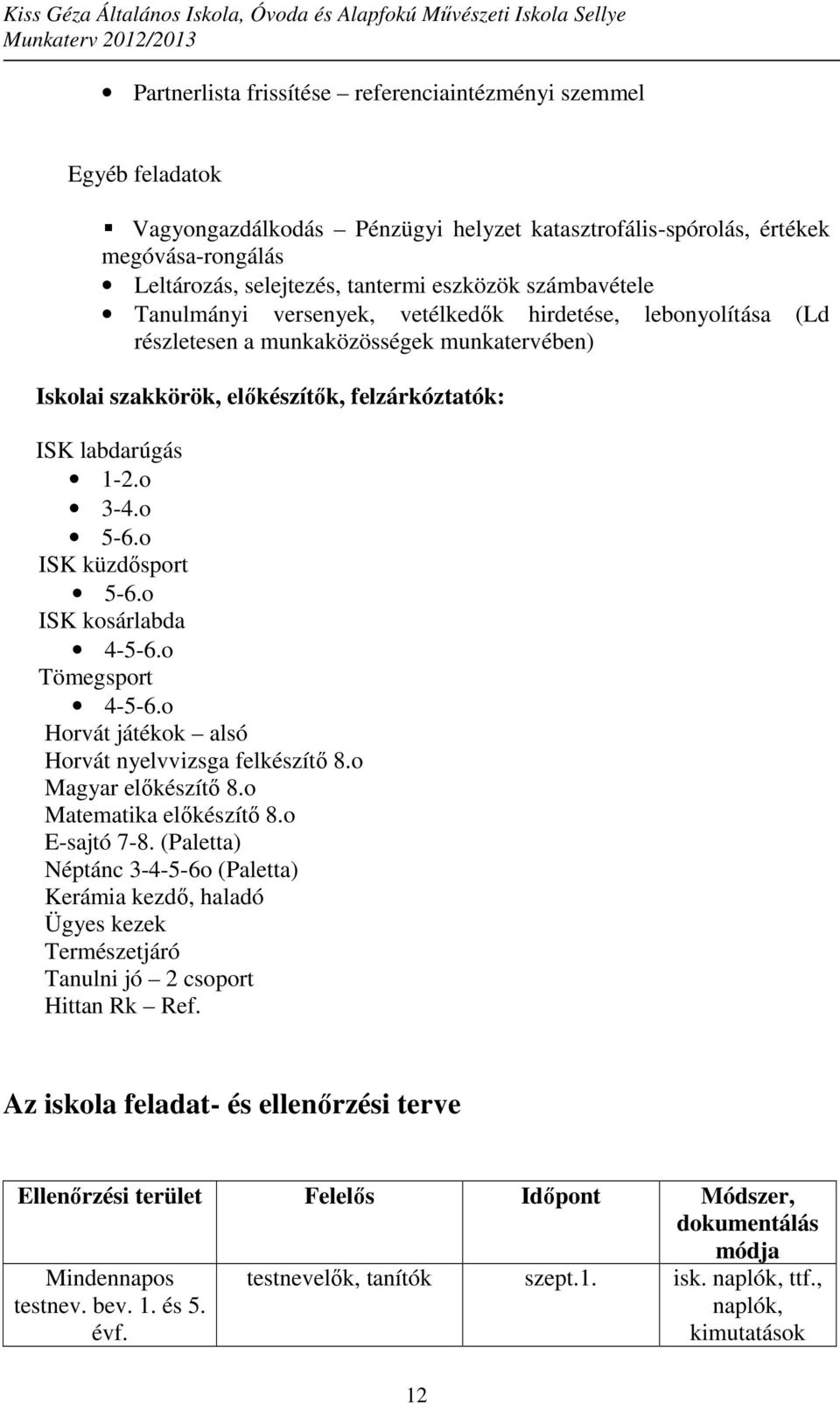 o ISK küzdősport 5-6.o ISK kosárlabda 4-5-6.o Tömegsport 4-5-6.o Horvát játékok alsó Horvát nyelvvizsga felkészítő 8.o Magyar előkészítő 8.o Matematika előkészítő 8.o E-sajtó 7-8.