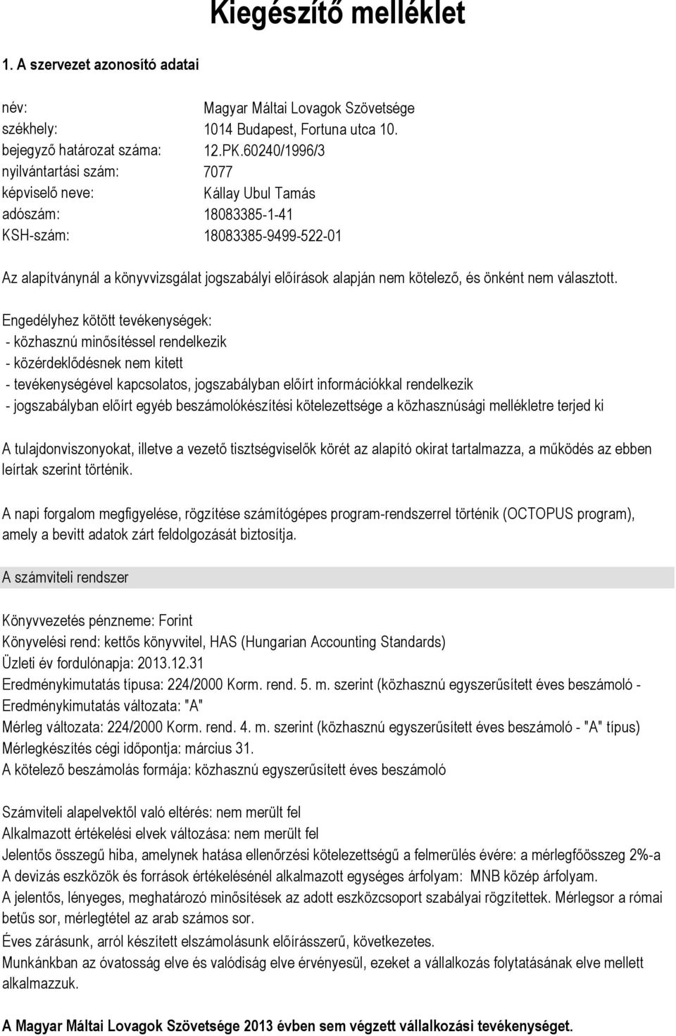 60240/1996/3 7077 Kállay Ubul Tamás 18083385-1-41 18083385-9499-522-01 Az alapítványnál a könyvvizsgálat jogszabályi előírások alapján nem kötelező, és önként nem választott.