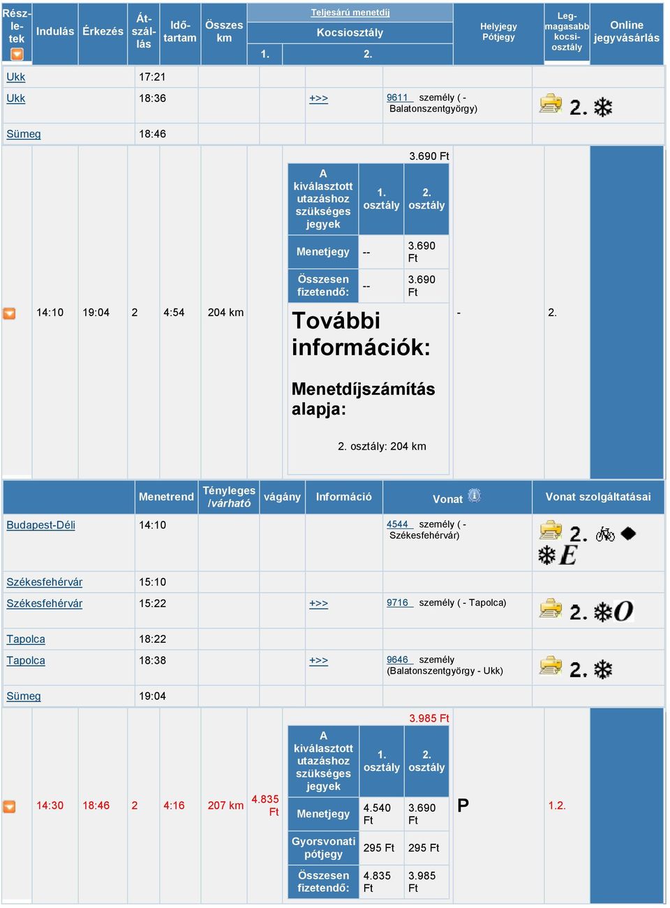 Székesfehérvár 15:22 +>> 9716 személy ( - Tapolca) Tapolca 18:22 Tapolca 18:38 +>> 9646 személy