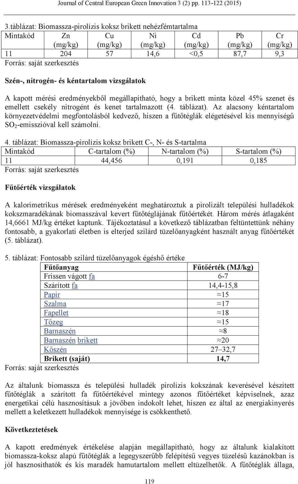 Az alacsony kéntartalom környezetvédelmi megfontolásból kedvező, hiszen a fűtőtéglák elégetésével kis mennyiségű SO 2 -emisszióval kell számolni. 4.