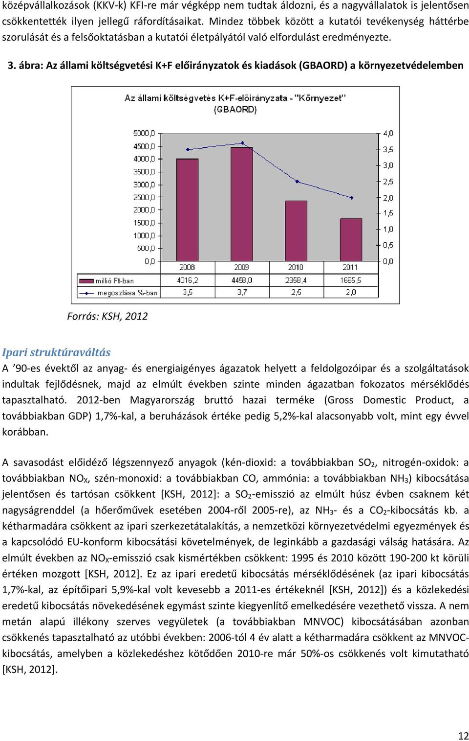 ábra: Az állami költségvetési K+F előirányzatok és kiadások (GBAORD) a környezetvédelemben Forrás: KSH, 2012 Ipari struktúraváltás A 90-es évektől az anyag- és energiaigényes ágazatok helyett a