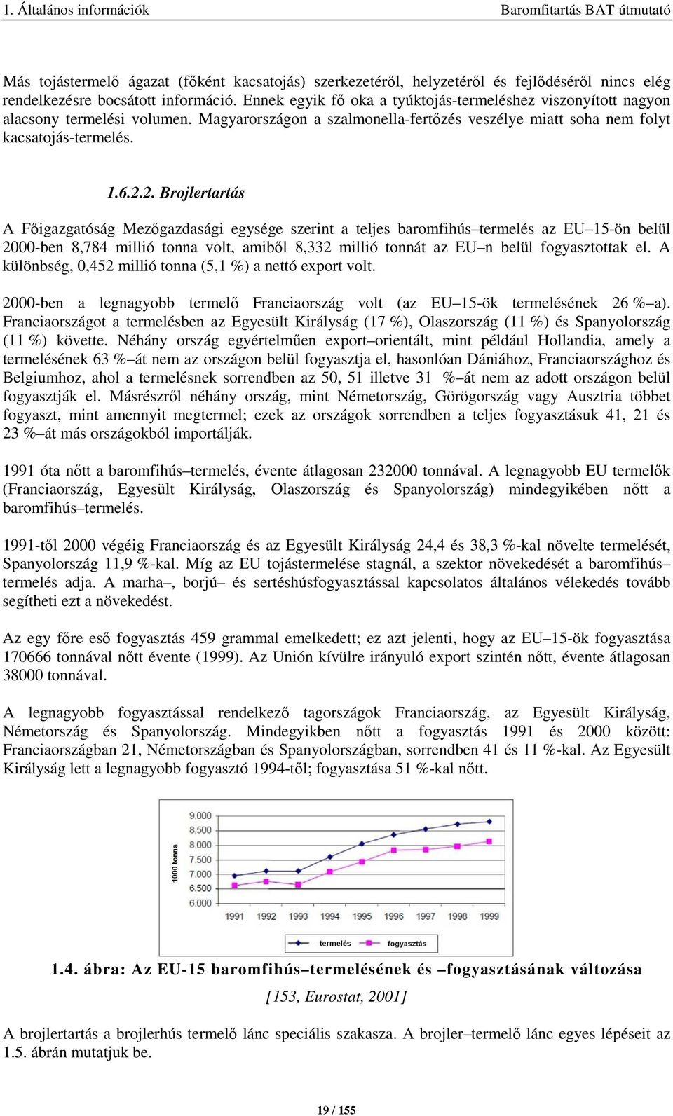 2. Brojlertartás A Főigazgatóság Mezőgazdasági egysége szerint a teljes baromfihús termelés az EU 15-ön belül 2000-ben 8,784 millió tonna volt, amiből 8,332 millió tonnát az EU n belül fogyasztottak