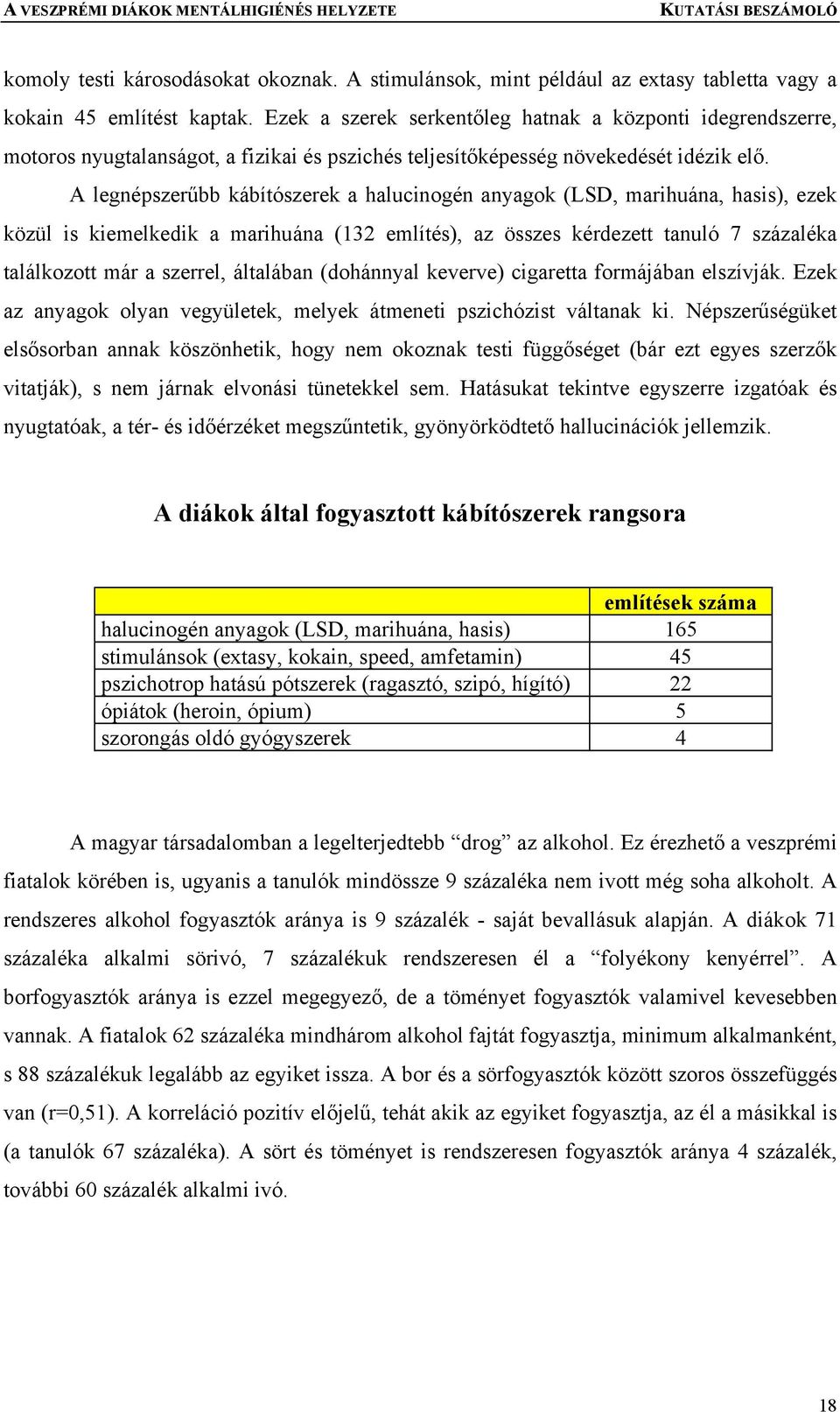 A legnépszerűbb kábítószerek a halucinogén anyagok (LSD, marihuána, hasis), ezek közül is kiemelkedik a marihuána (132 említés), az összes kérdezett tanuló 7 százaléka találkozott már a szerrel,