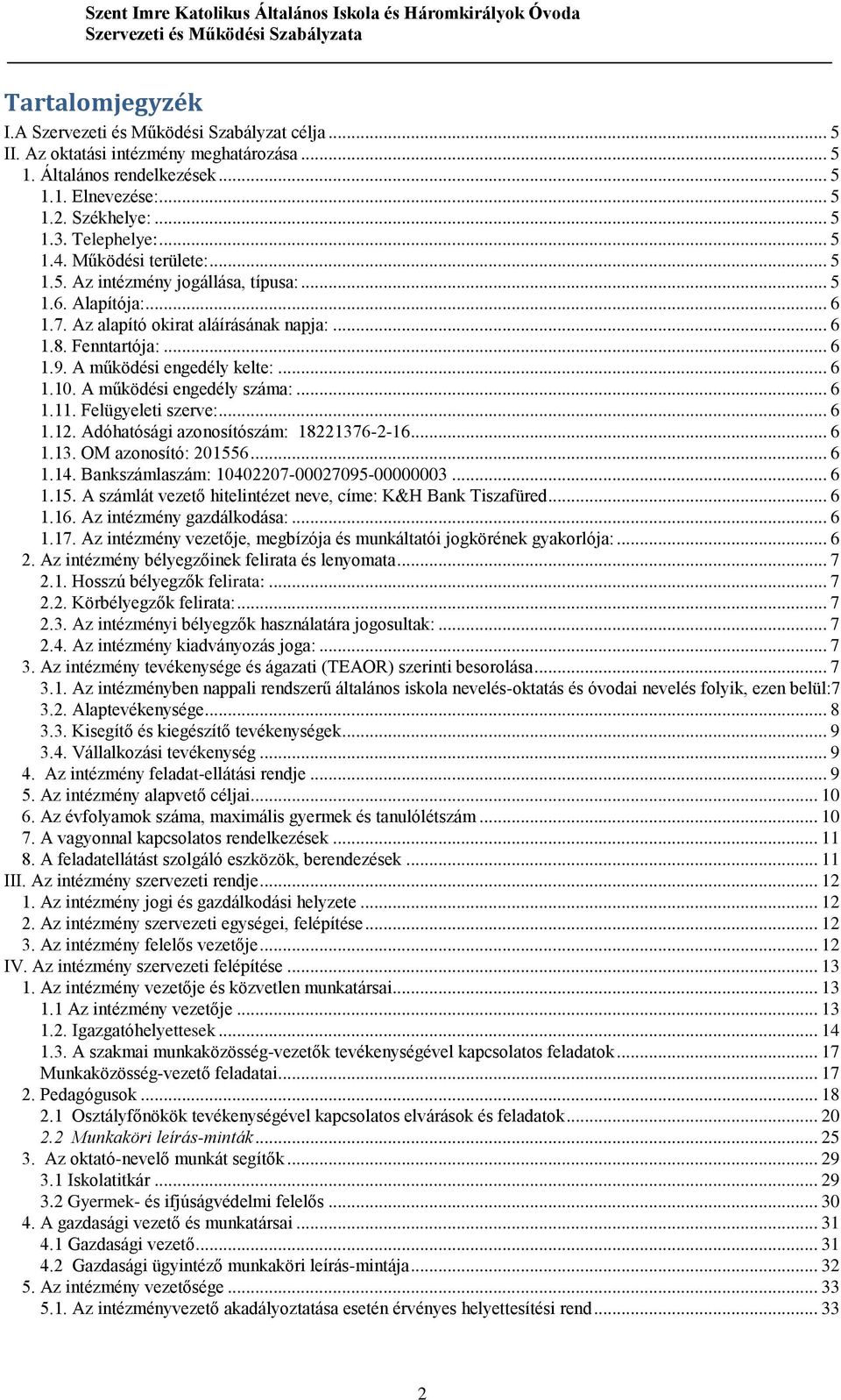 A működési engedély kelte:... 6 1.10. A működési engedély száma:... 6 1.11. Felügyeleti szerve:... 6 1.12. Adóhatósági azonosítószám: 18221376-2-16... 6 1.13. OM azonosító: 201556... 6 1.14.