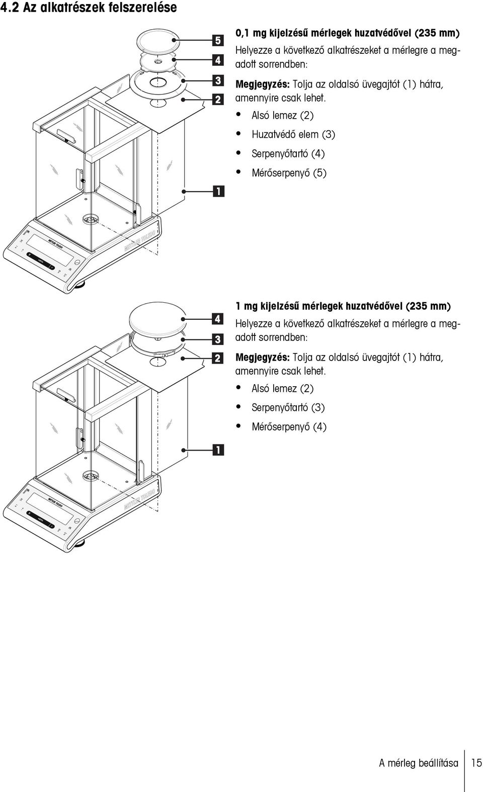 Alsó lemez (2) Huzatvédő elem (3) Serpenyőtartó (4) 1 Mérőserpenyő (5) C 4 3 2 1 mg kijelzésű mérlegek huzatvédővel (235 mm) Helyezze a