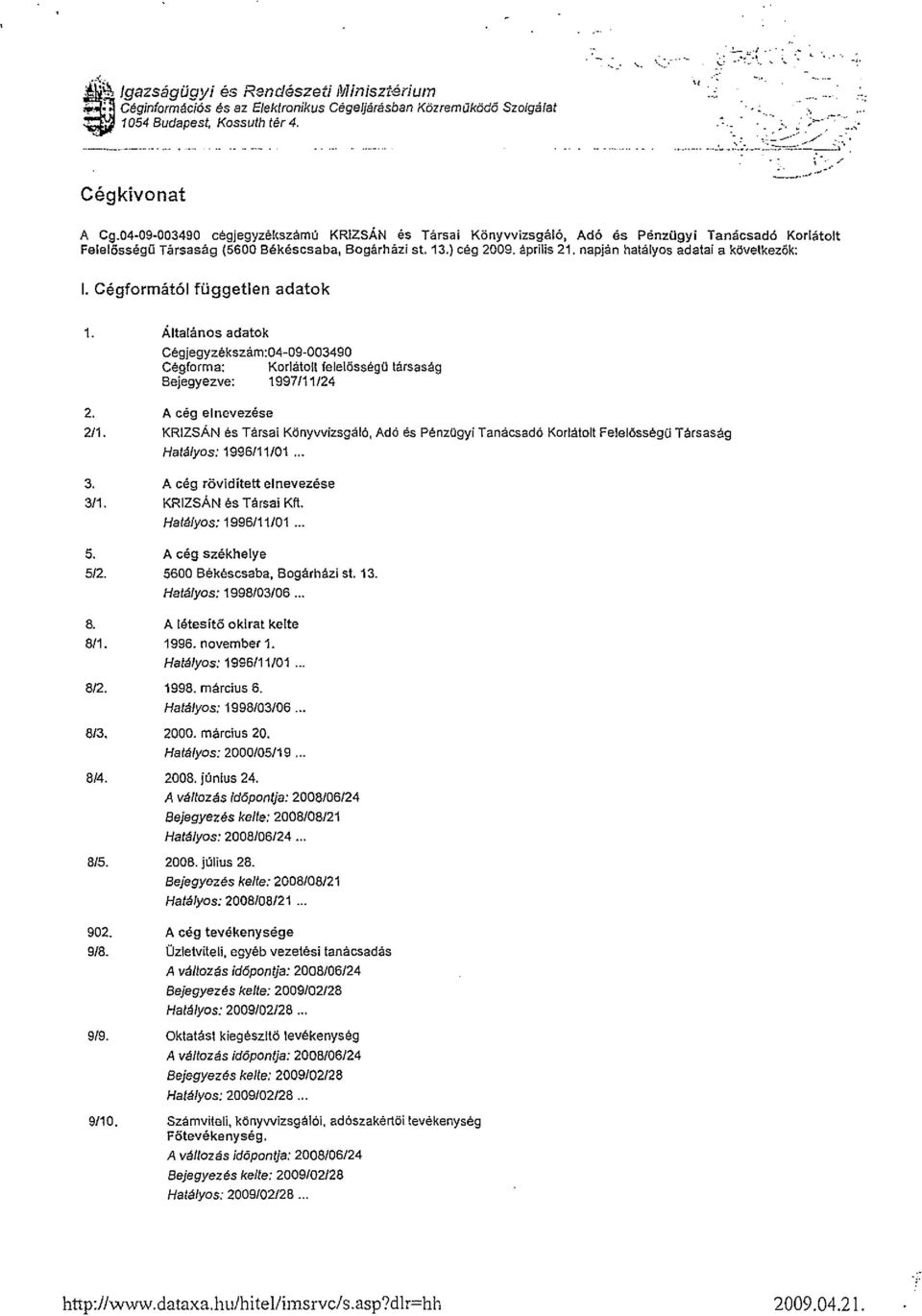 04-09-003490 cégjegyzél<számú KRZSÁN és Társai Könyvvizsgáló, Adó és Pénzügyi Tanácsadó Korlátolt Felelősségü Társaság (5600 Békéscsaba, Bogárházi st. 13.) cég 2009. aprilis 21.