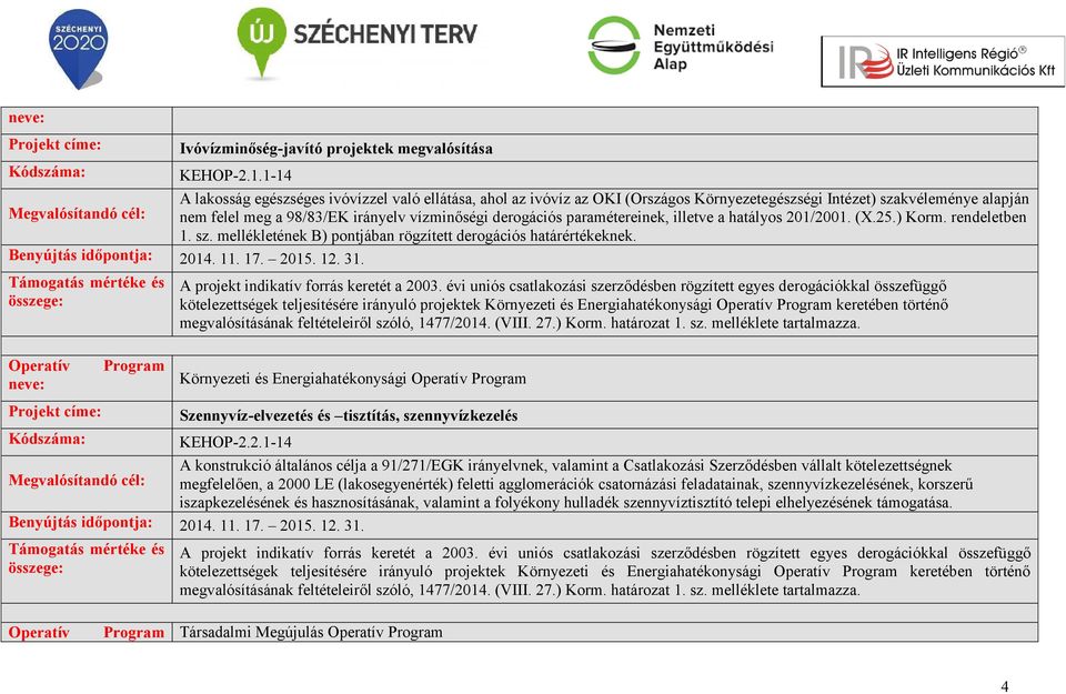 derogációs paramétereinek, illetve a hatályos 201/2001. (X.25.) Korm. rendeletben 1. sz. mellékletének B) pontjában rögzített derogációs határértékeknek. Benyújtás időpontja: 2014. 11. 17. 2015. 12.