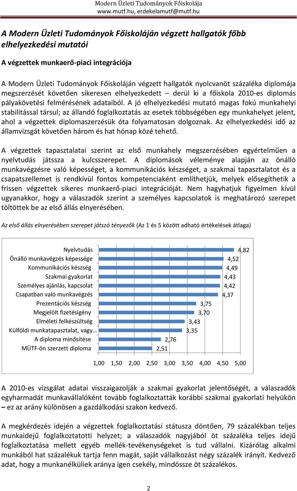 A jó elhelyezkedési mutató magas fokú munkahelyi stabilitással társul; az állandó foglalkoztatás az esetek többségében egy munkahelyet jelent, ahol a végzettek diplomaszerzésük óta folyamatosan