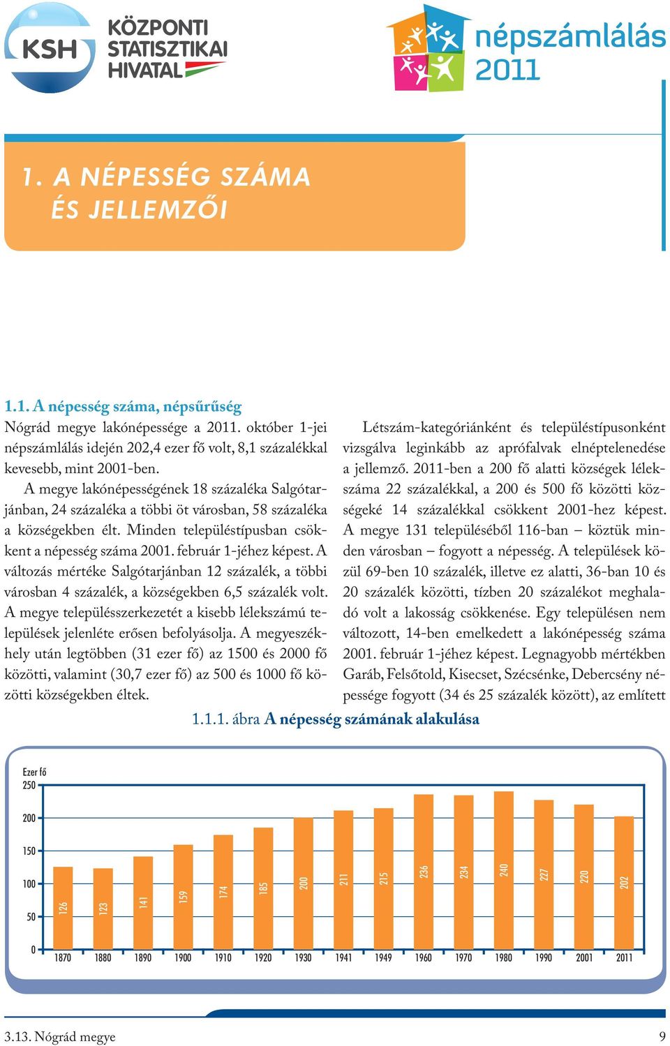 A változás mértéke Salgótarjánban 12 százalék, a többi városban 4 százalék, a községekben 6,5 százalék volt. A megye településszerkezetét a kisebb lélekszámú települések jelenléte erősen befolyásolja.