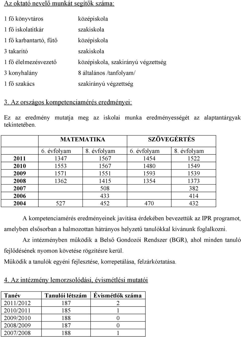 Az országos kompetenciamérés eredményei: Ez az eredmény mutatja meg az iskolai munka eredményességét az alaptantárgyak tekintetében. MATEMATIKA SZÖVEGÉRTÉS 6. évfolyam 8.