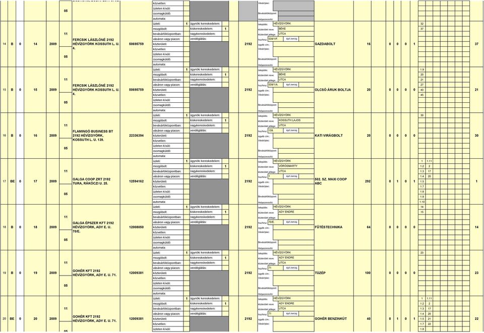 6. FERCSIK LÁSZLÓNÉ HÉVÍZGYÖRK KOSSUTH L. U.. FLAMINGÓ BUSINESS BT HÉVÍZGYÖRK, KOSSUTH L. U. 3. GALGA ÉPSZER KFT HÉVÍZGYÖRK, ADY E. U. 7/E.