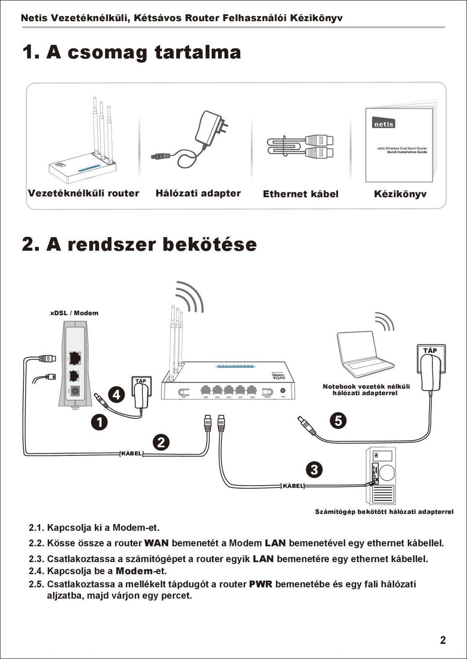 Számítógép bekötött hálózati adapterrel 2.2. Kösse össze a router WAN bemenetét a Modem LAN bemenetével egy ethernet kábellel. 2.3.