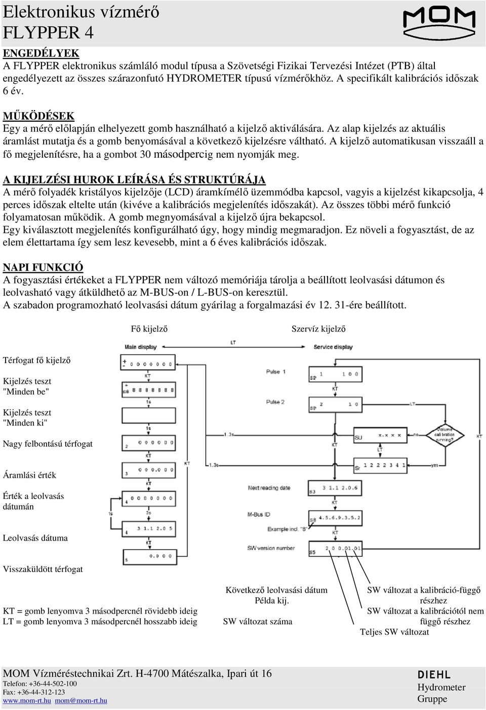 Az alap kijelzés az aktuális áramlást mutatja és a gomb benyomásával a következı kijelzésre váltható. A kijelzı automatikusan visszaáll a fı megjelenítésre, ha a gombot 30 másodpercig nem nyomják meg.