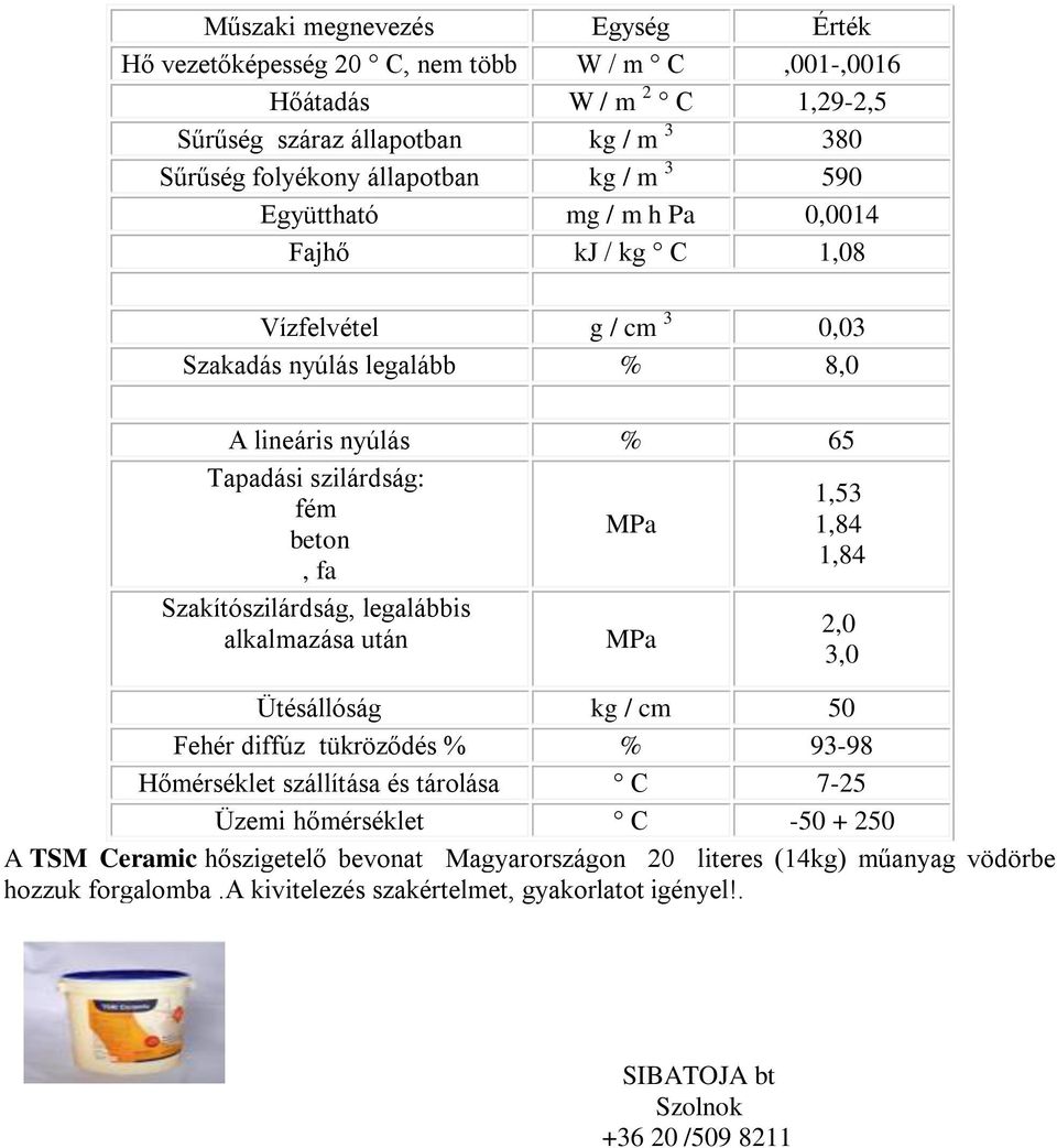 Szakítószilárdság, legalábbis alkalmazása után MPa MPa 1,53 1,84 1,84 Ütésállóság kg / cm 50 Fehér diffúz tükröződés % % 93-98 Hőmérséklet szállítása és tárolása C 7-25 Üzemi hőmérséklet