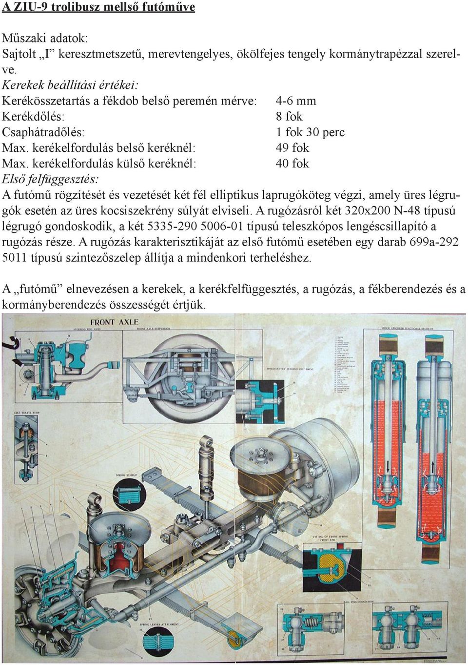 kerékelfordulás külső keréknél: 40 fok Első felfüggesztés: A futómű rögzítését és vezetését két fél elliptikus laprugóköteg végzi, amely üres légrugók esetén az üres kocsiszekrény súlyát elviseli.