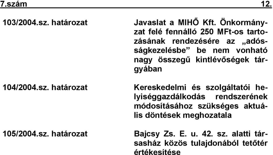 összegű kintlévőségek tárgyában Kereskedelmi és szolgáltatói helyiséggazdálkodás rendszerének módosításához