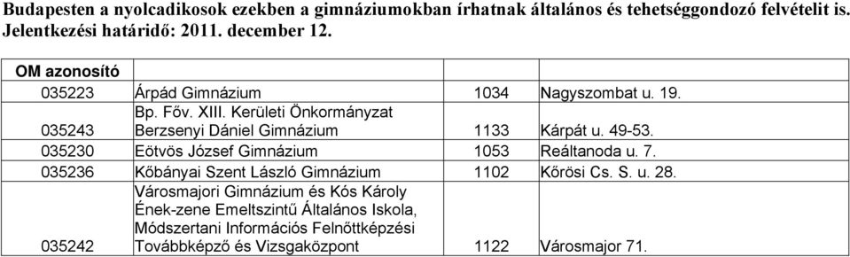 49-53. 035230 Eötvös József Gimnázium 1053 Reáltanoda u. 7. 035236 Kőbányai Szent László Gimnázium 1102 Kőrösi Cs. S. u. 28.