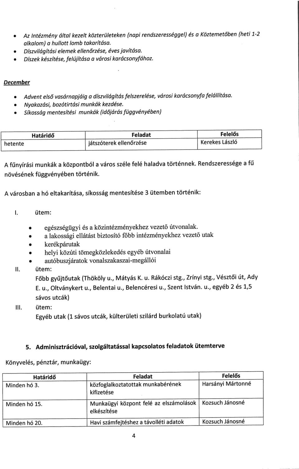 Síkosság mentesítési munkák (időjárás függvényében) Határidő Feladat Felelős hetente játszóterek ellenőrzése Kerekes László A fűnyírási munkák a központból a város széle felé haladva történnek.