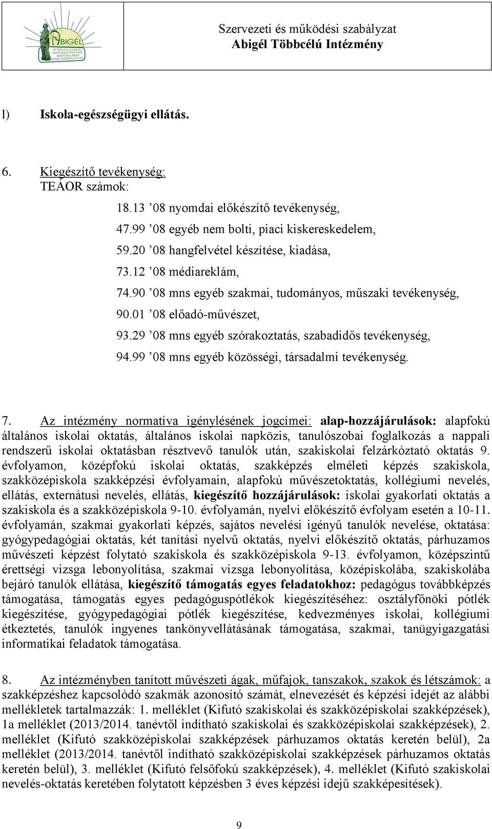 29 08 mns egyéb szórakoztatás, szabadidős tevékenység, 94.99 08 mns egyéb közösségi, társadalmi tevékenység. 7.