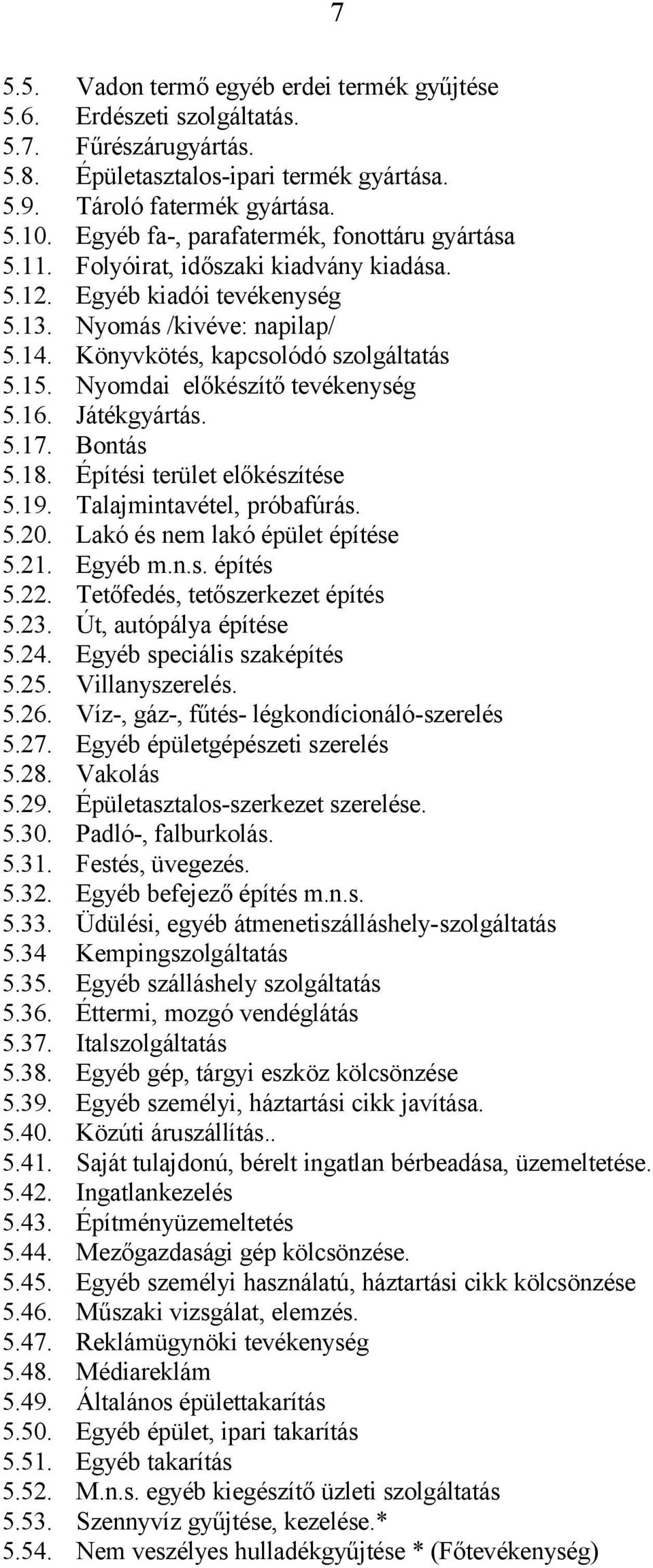 Nyomdai előkészítő tevékenység 5.16. Játékgyártás. 5.17. Bontás 5.18. Építési terület előkészítése 5.19. Talajmintavétel, próbafúrás. 5.20. Lakó és nem lakó épület építése 5.21. Egyéb m.n.s. építés 5.