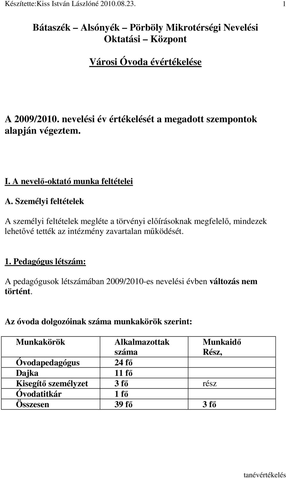 Személyi feltételek A személyi feltételek megléte a törvényi elıírásoknak megfelelı, mindezek lehetıvé tették az intézmény zavartalan mőködését. 1.