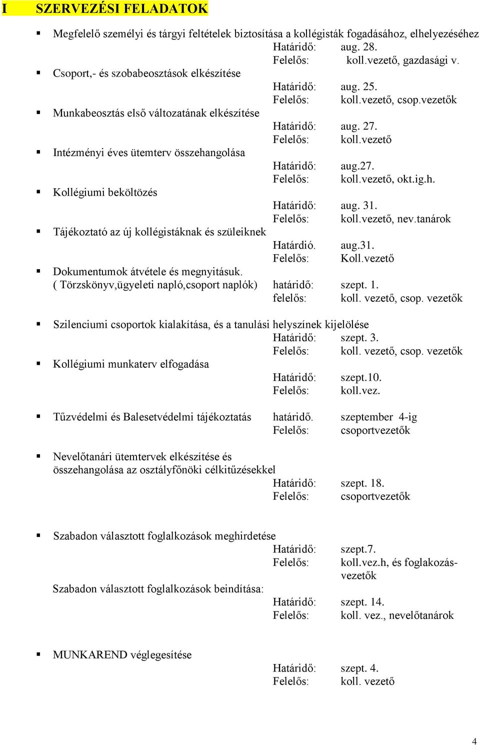 vezetők Munkabeosztás első változatának elkészítése Intézményi éves ütemterv összehangolása Kollégiumi beköltözés Tájékoztató az új kollégistáknak és szüleiknek Határidő: aug. 27. Felelős: koll.