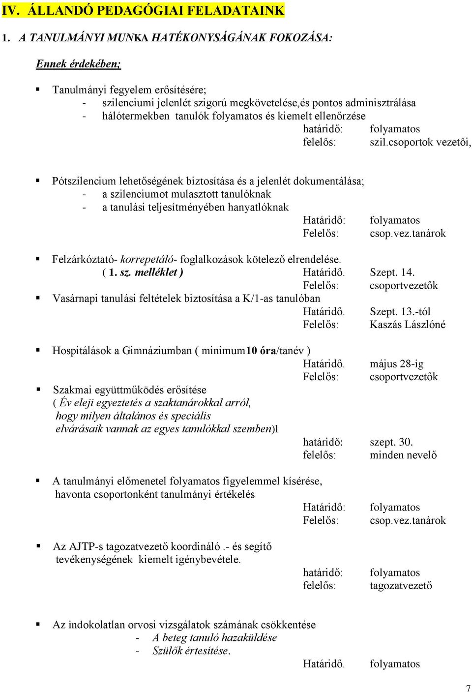 folyamatos és kiemelt ellenőrzése határidő: folyamatos felelős: szil.