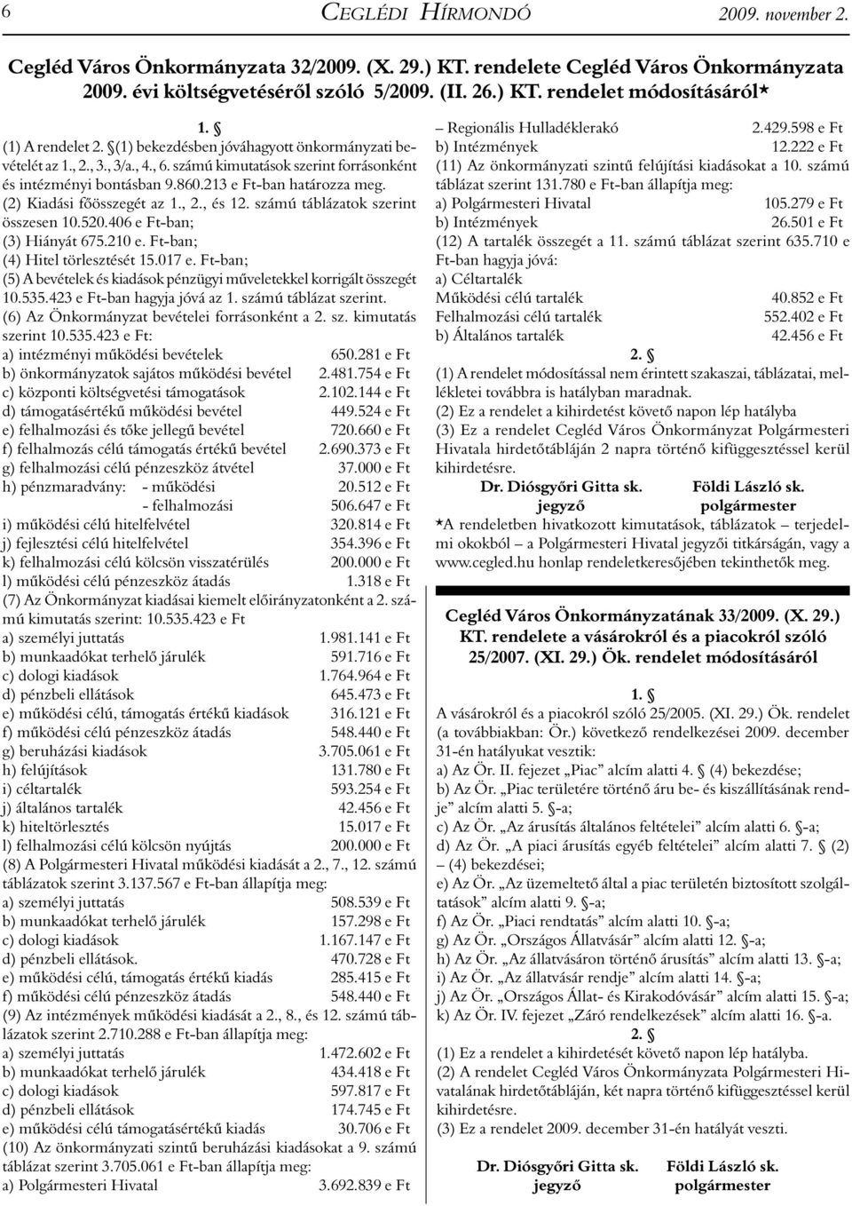 (2) Kiadási főösszegét az 1., 2., és 12. számú táblázatok szerint összesen 10.520.406 e Ft-ban; (3) Hiányát 675.210 e. Ft-ban; (4) Hitel törlesztését 15.017 e.