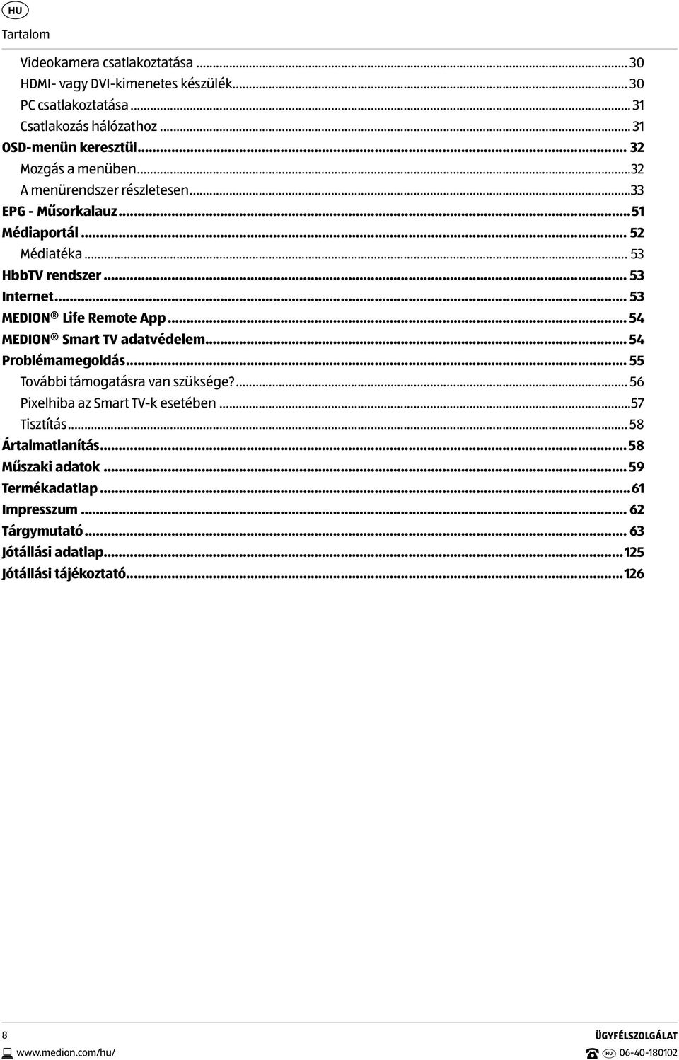 .. 54 MEDION Smart TV adatvédelem... 54 Problémamegoldás... 55 További támogatásra van szüksége?... 56 Pixelhiba az Smart TV-k esetében...57 Tisztítás... 58 Ártalmatlanítás.